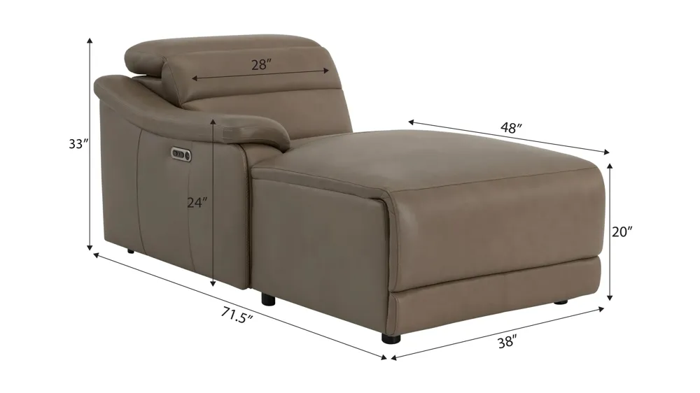 Tucker Left Arm Facing Triple Power Leather Chaise Dimensions
