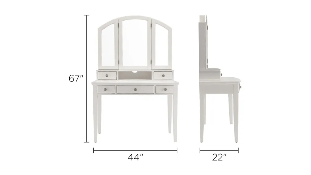 Kylie Youth 2-pc.Vanity Desk and Tri-View Mirror Hutch Dimensions