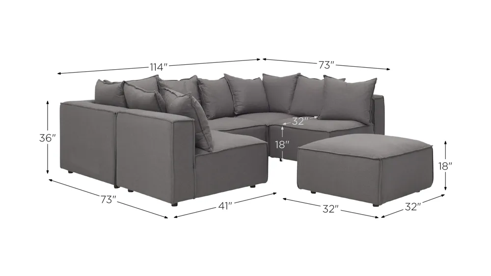 Loris Chenille 5-pc. Pit Sectional with Cocktail Ottoman Dimensions