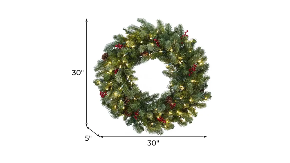 30" Lighted Pine Wreath with Berries & Pinecones Dimensions