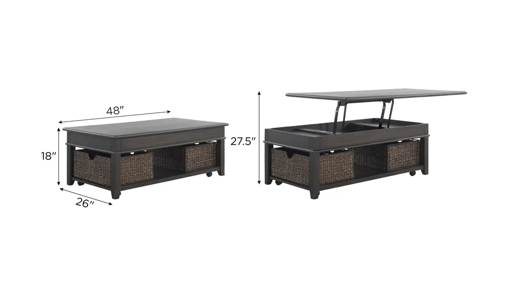 Mill Creek Lift Top Cocktail Table w/ 2 Baskets and Casters Dimensions