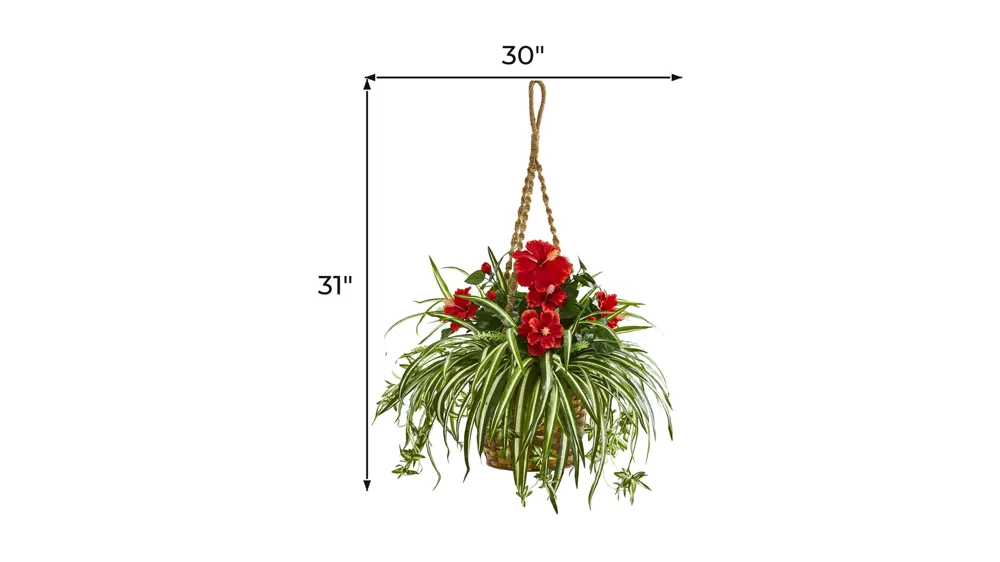 Hibiscus & Spider Artificial Plant in Hanging Basket Dimensions