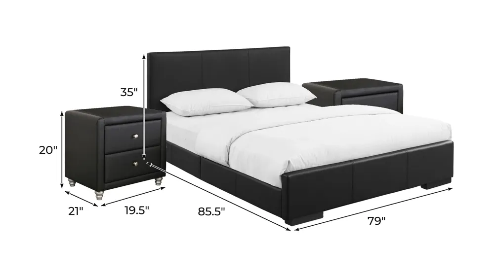 Hindes Platform Bed with 2 Nightstands Dimensions