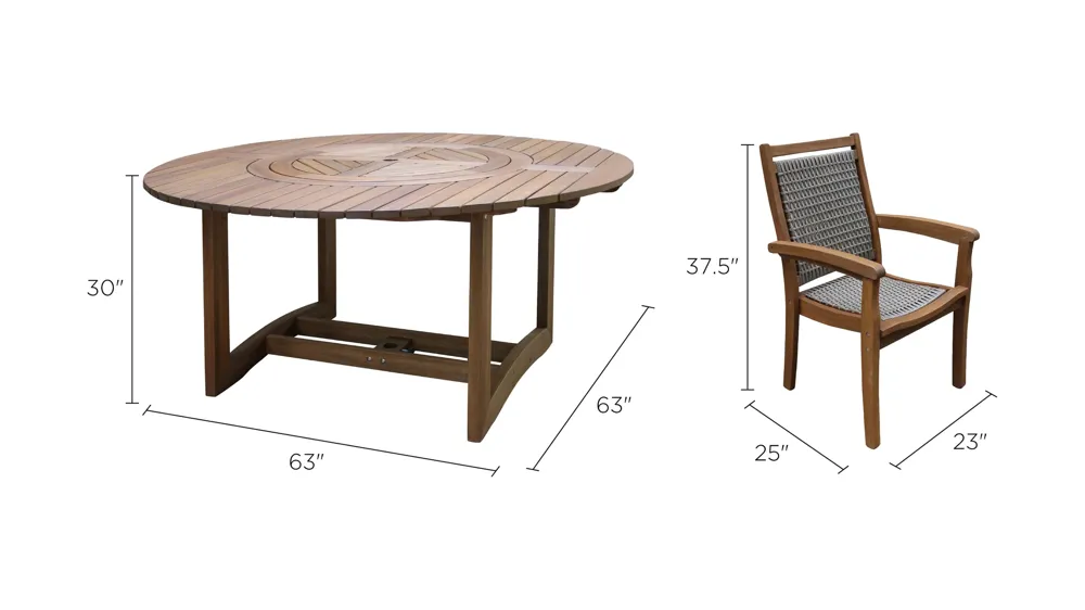 Farmhouse 7-pc. Eucalyptus Outdoor Dining Set w/ Stacking Armchairs Dimensions