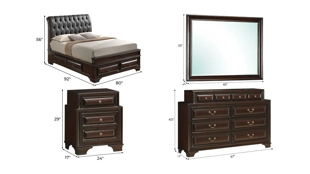 Sarasota Upholstered 4-pc. Storage Bedroom Set Dimensions