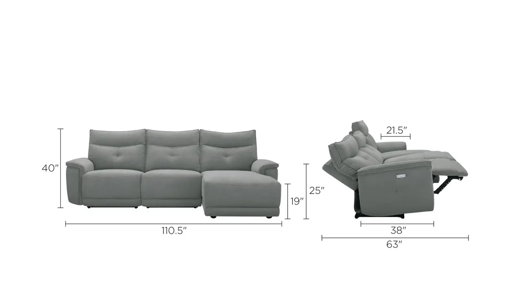 Graceland 3-pc. Sectional Sofa w/ Power Headrests Dimensions