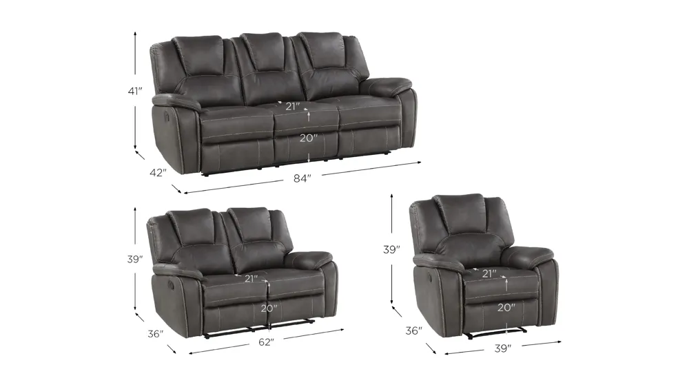 Katrine Reclining Sofa, Loveseat and Chair Set Dimensions