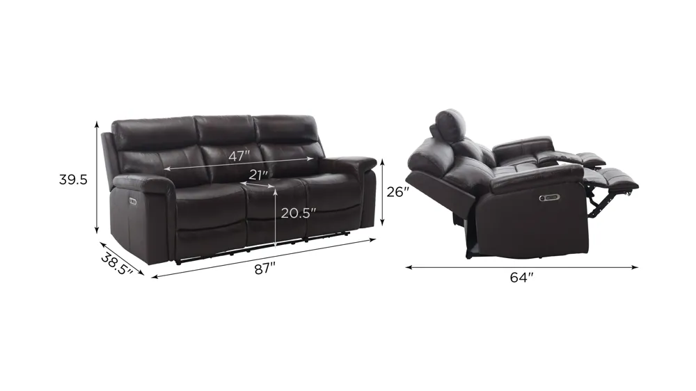 Xander Leather Power Sofa Dimensions