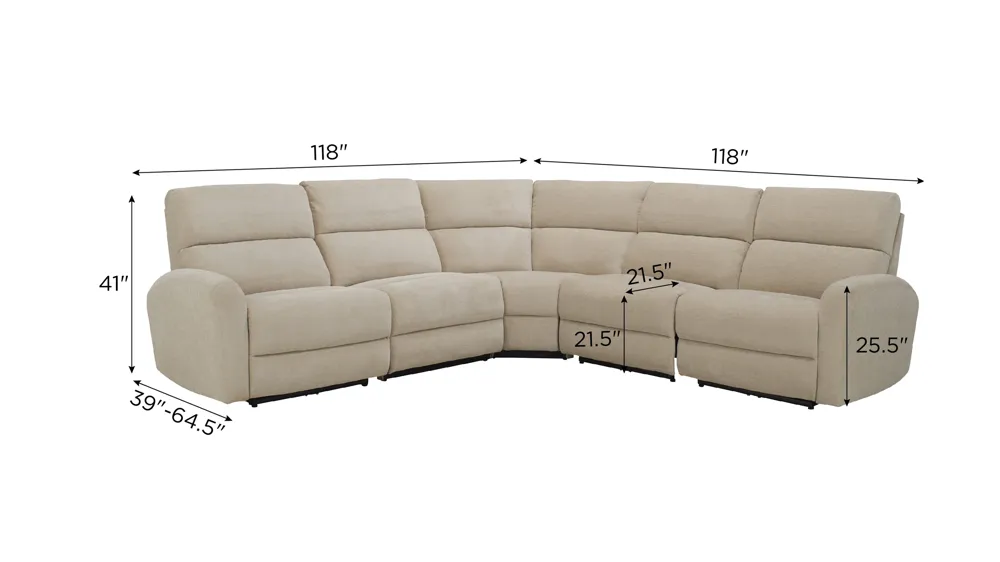 Fletcher 5-pc. Power Sectional w/ Power Headrests Dimensions