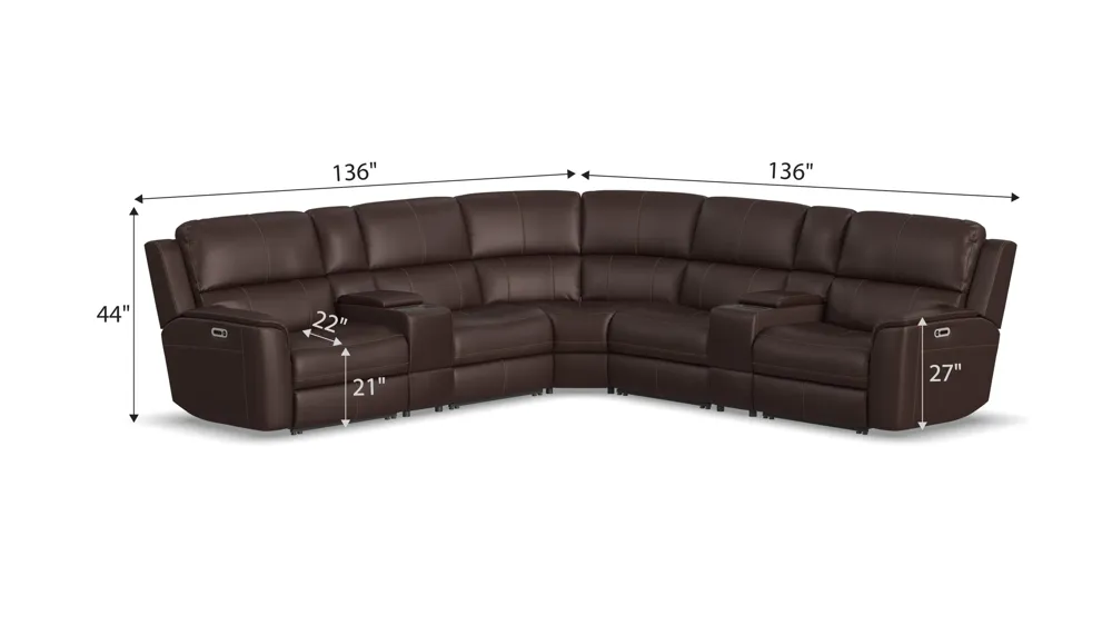 Henrick 7-pc. Triple Power Leather Sectional Dimensions