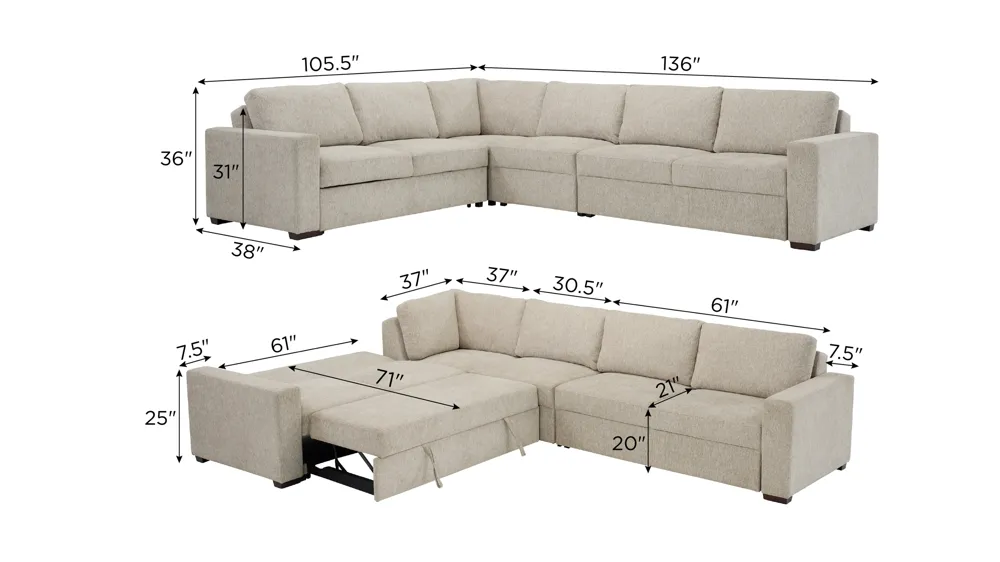 Juniper 5-pc. Reversible Pop-Up Sleeper Sectional Dimensions