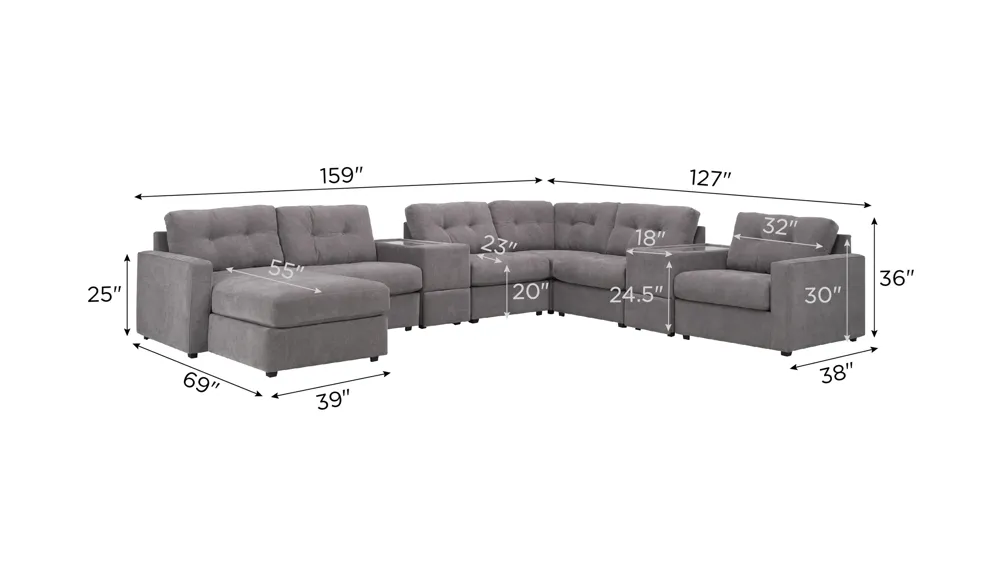 ModularOne 8-pc. Sectional w/One Power Console Dimensions