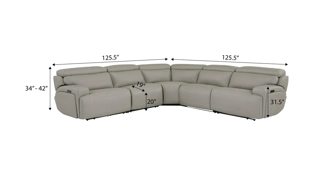 Westmore 5-pc. Dual Power Leather Sectional Dimensions