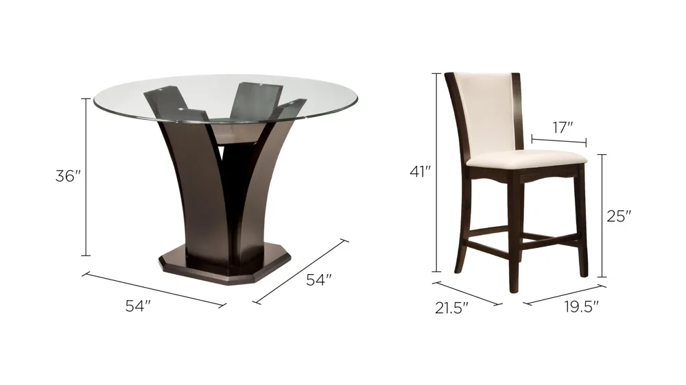 Venice 5-pc 54" Glass Counter-Height Dining Set Dimensions