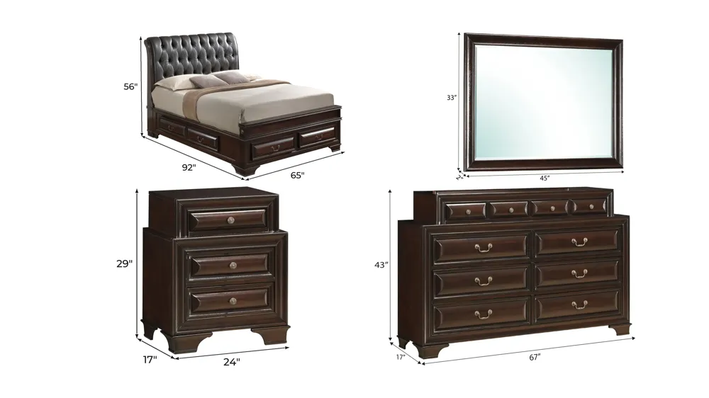 Sarasota Upholstered 4-pc. Storage Bedroom Set Dimensions