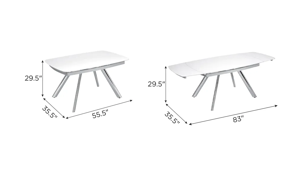Paloma Glass Dining Table w/ Leaves Dimensions