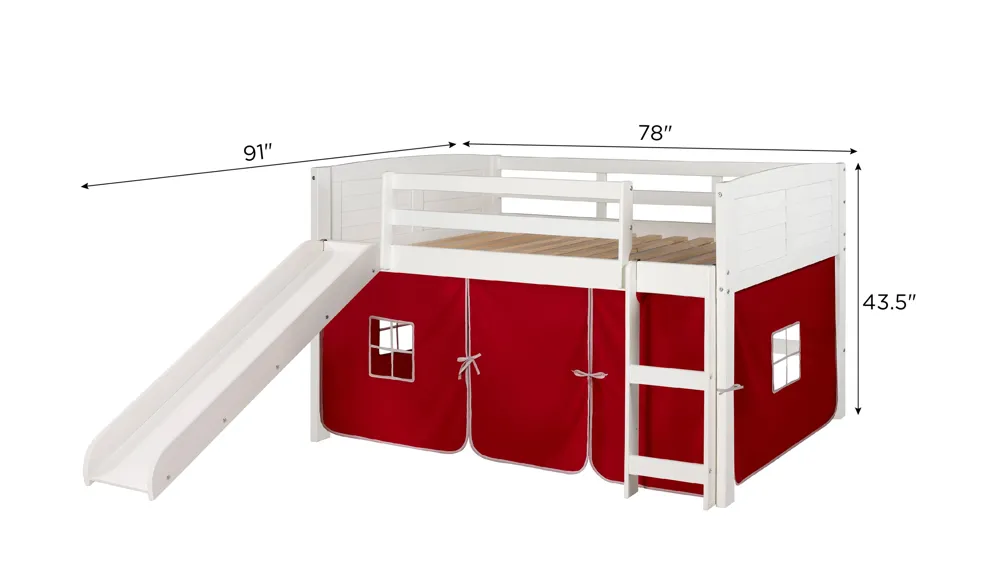 Donco Louver Low Loft Bed with Slide & Red Tent Dimensions