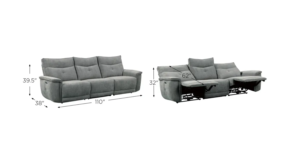 Graceland 3-pc. Sectional Sofa w/ Power Headrests Dimensions