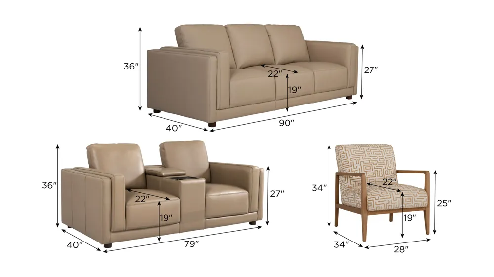Marni Leather Living Room Set Dimensions