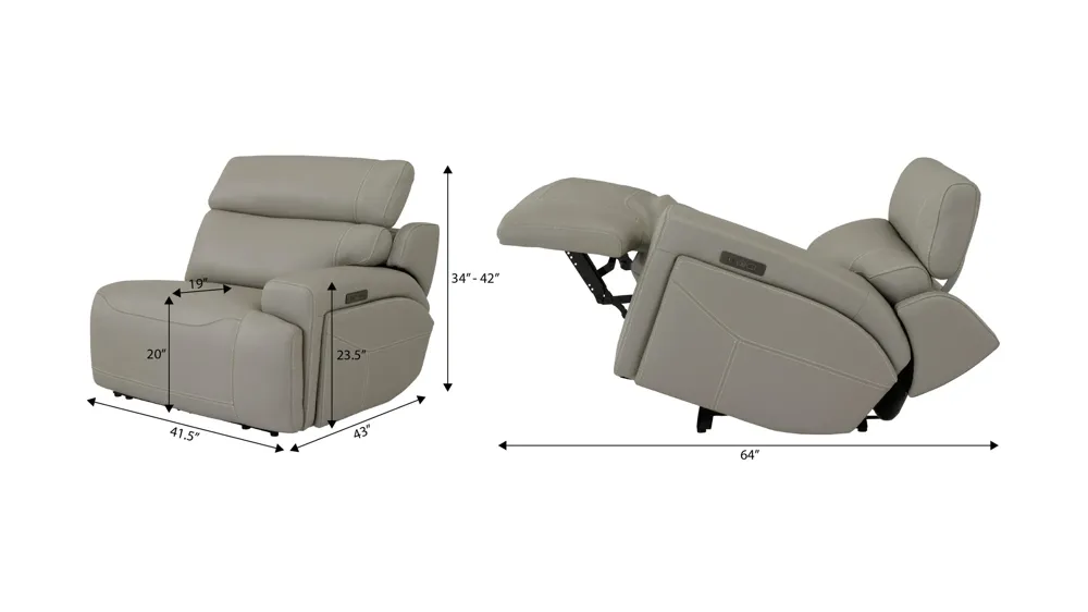 Westmore Zero Gravity Right Arm Facing Dual Power Leather Recliner Dimensions
