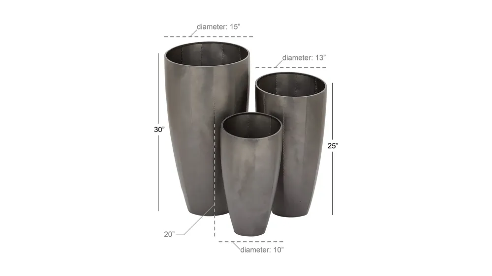 Ivy Collection Gray Metal Planter Set of 3 Dimensions