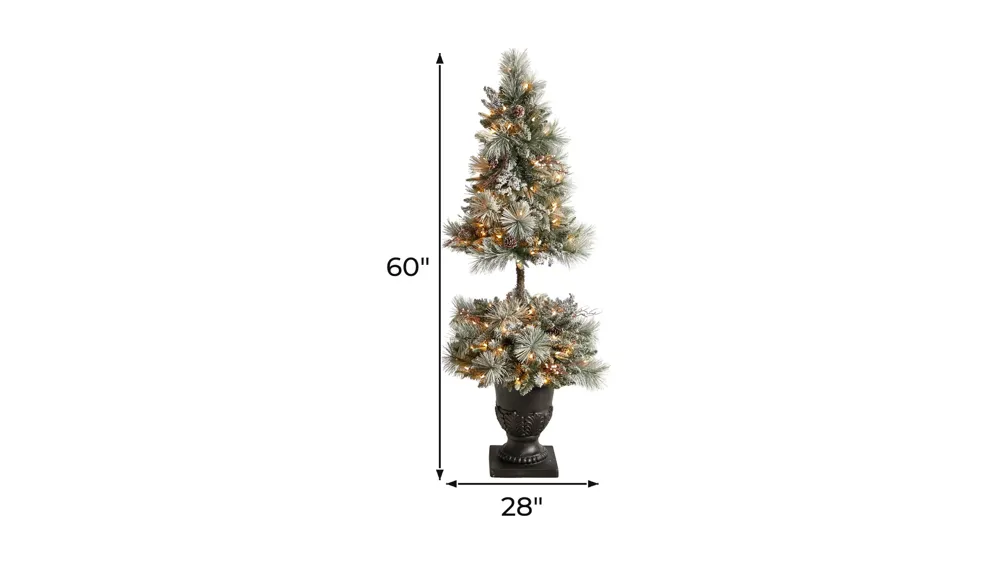 5' Flocked Artificial Porch Christmas Tree with LED Lights and Bendable Branches in Decorative Urn Dimensions