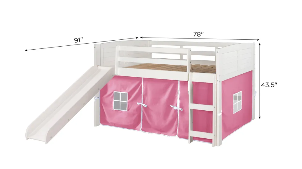 Donco Louver Low Loft Bed with Slide & Pink Tent Dimensions