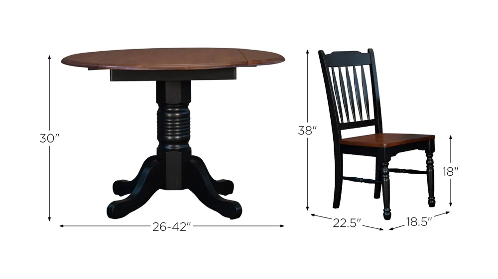 British Isles 3-pc. Round Slatback Dining Set with Drop-Leaves Dimensions