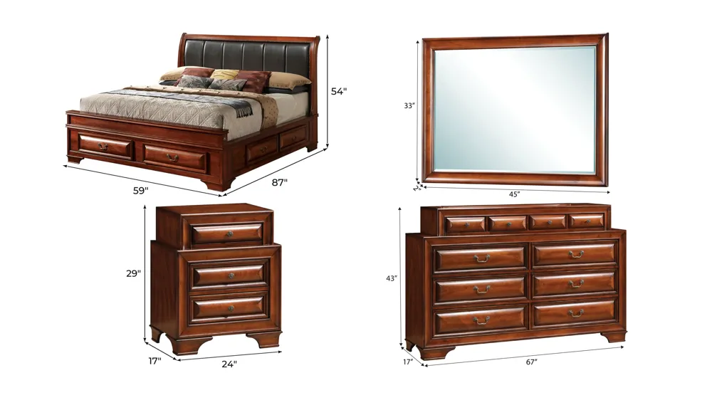 Sarasota Upholstered 4-pc. Storage Bedroom Set Dimensions