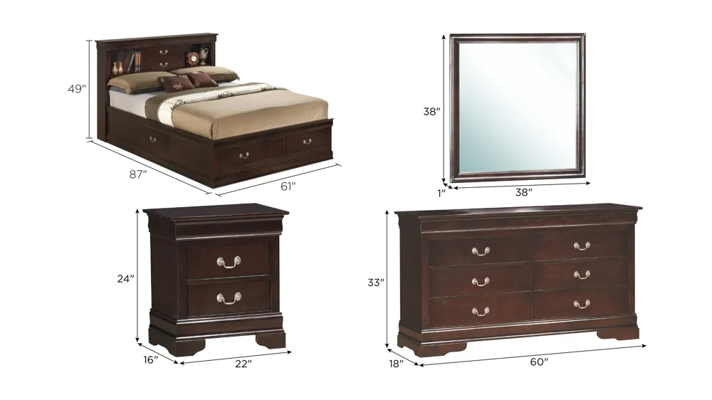 Rossie 4-pc. Storage Bedroom Set Dimensions