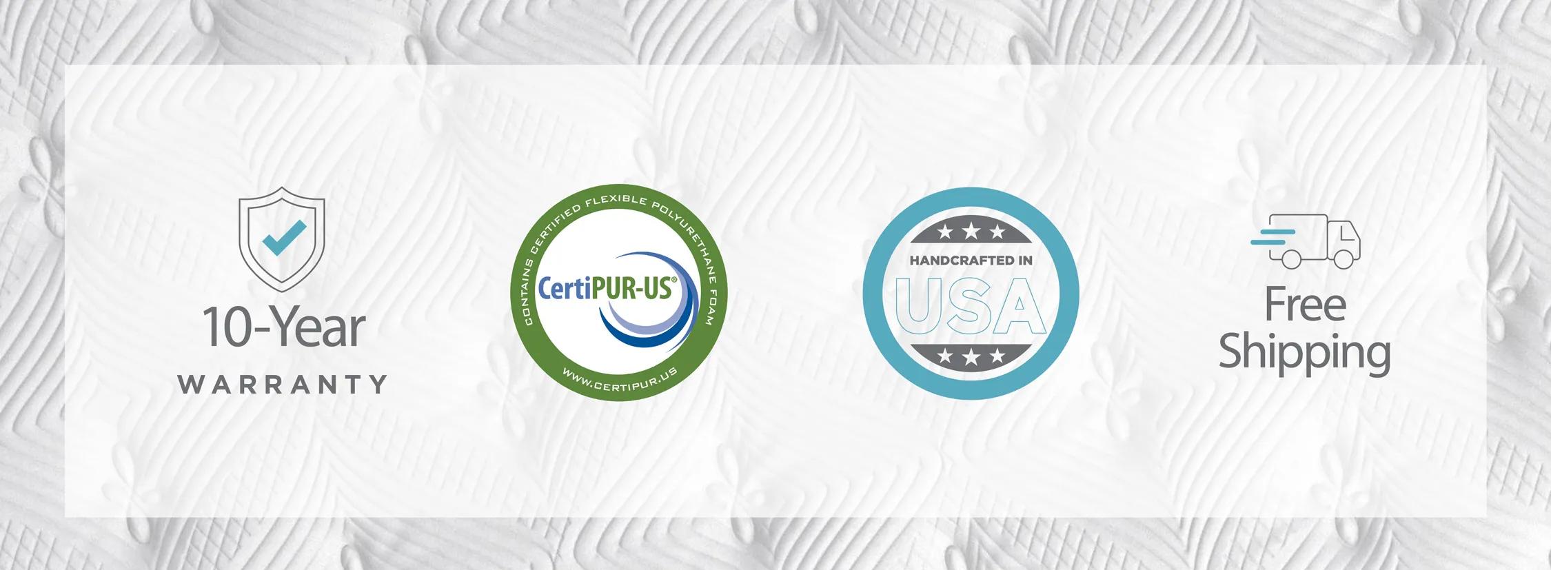 10 Year Warranty - CertiPUR-US Certified Logo - Handcrafted in USA - Free Shipping