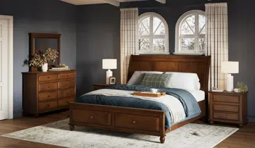 Dark wood bedroom furniture set in a room with blue walls and arched windows