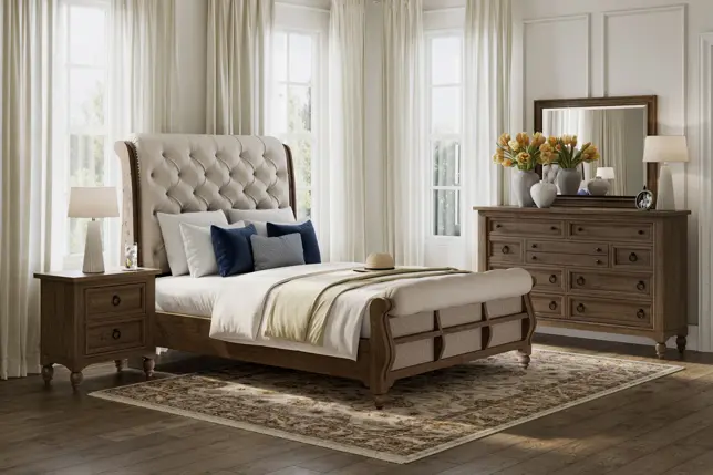 Bright bedroom featuring a tufted bed, storage footboard, wood nightstand, dresser with mirror, and patterned rug