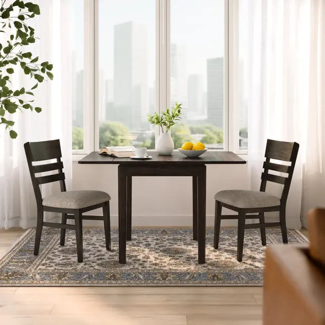 Bright dining area with a dark wood table and two chairs on a patterned rug, overlooking a city view