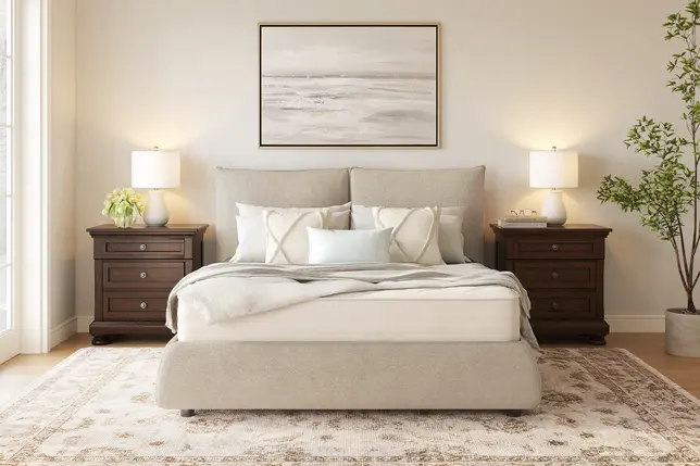 Serene bedroom with beige upholstered bed, dark wood nightstands, white lamps, neutral art, and soft patterned rug