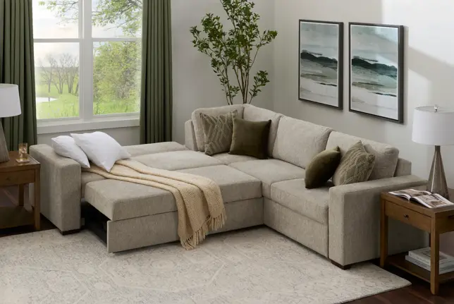 Modern living room with a light beige modular sectional sofa, pull-out bed, patterned rug, and bright window