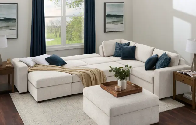Bright living room with a cream modular sectional sofa extended as a chaise, matching ottoman, and blue decorative pillows