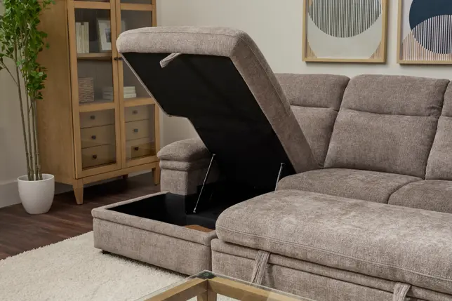 Light brown sectional sofa with open storage chaise lounge in a living room