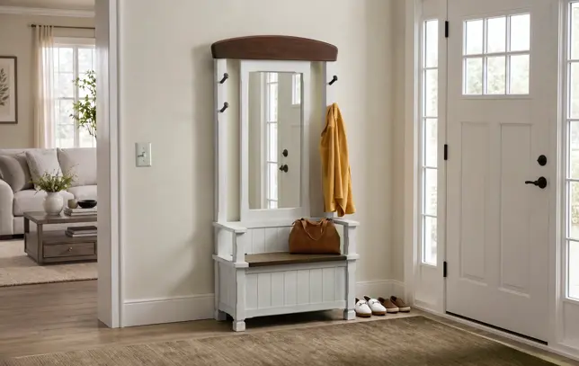 Entryway with white hall tree, mirror, storage bench, yellow jacket, and shoes, leading to a neutral living room