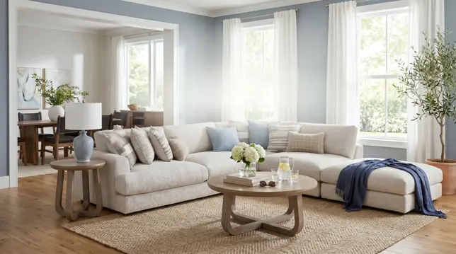 Living room with large sectional sofa, wood tables, rug, and light blue walls