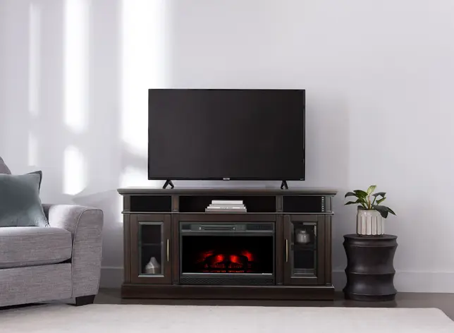Contemporary living room with a dark wood TV stand, electric fireplace, flat-screen TV, gray armchair, and potted plant