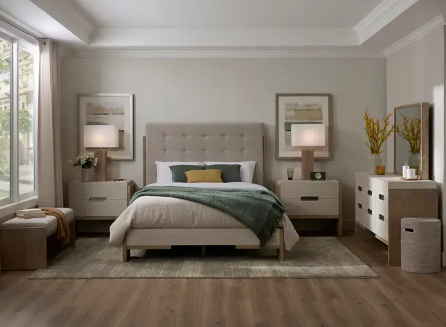 Neutral tone bedroom with tufted bed, nightstands, dresser, mirror, and bench