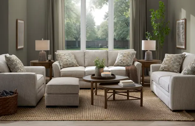 Bright living room with light beige sofa, two armchairs, nested wood tables, and a woven natural rug