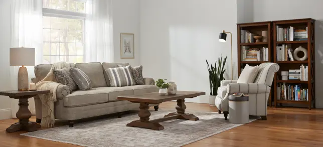 Bright living room with a sofa, coffee table, armchair, and two wooden bookcases
