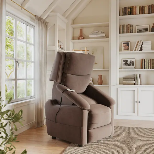 Cozy living room with a brown recliner lift chair, large window, and white built-in bookshelves
