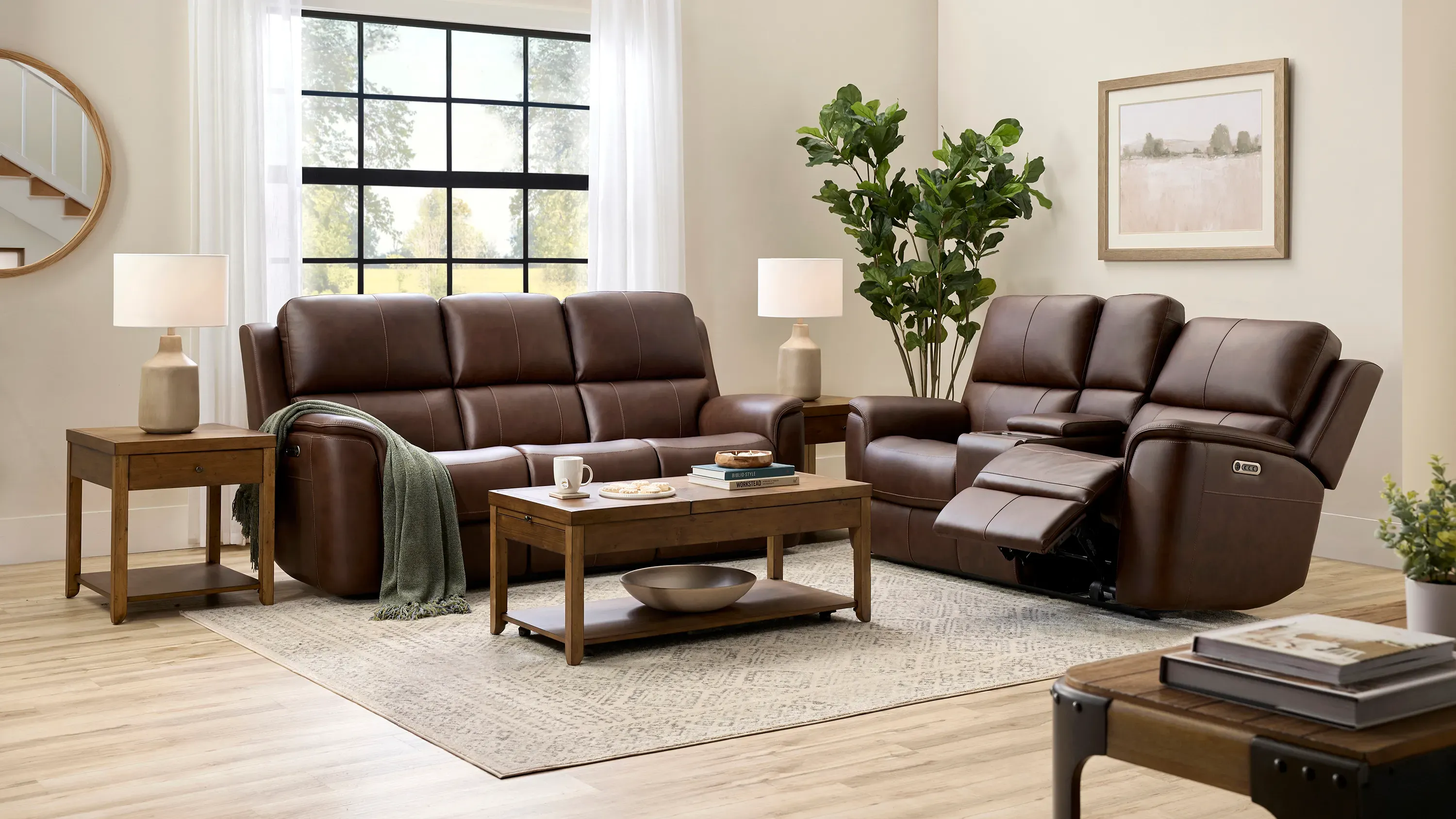Henrick Triple Power Leather Console Loveseat | Raymour & Flanigan