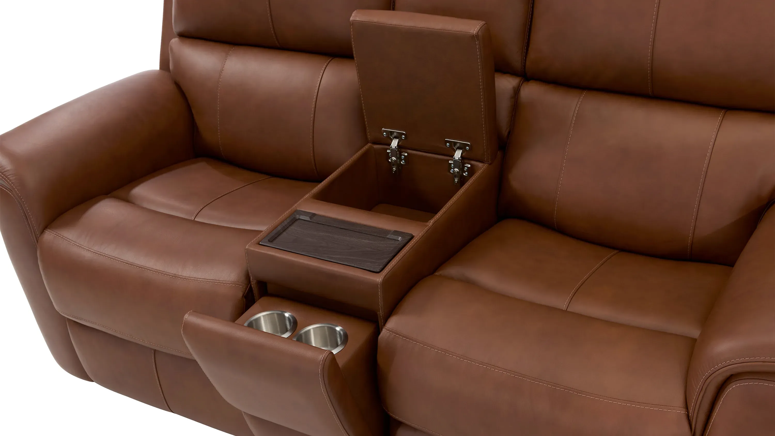 Henrick Triple Power Leather Console Loveseat | Raymour & Flanigan