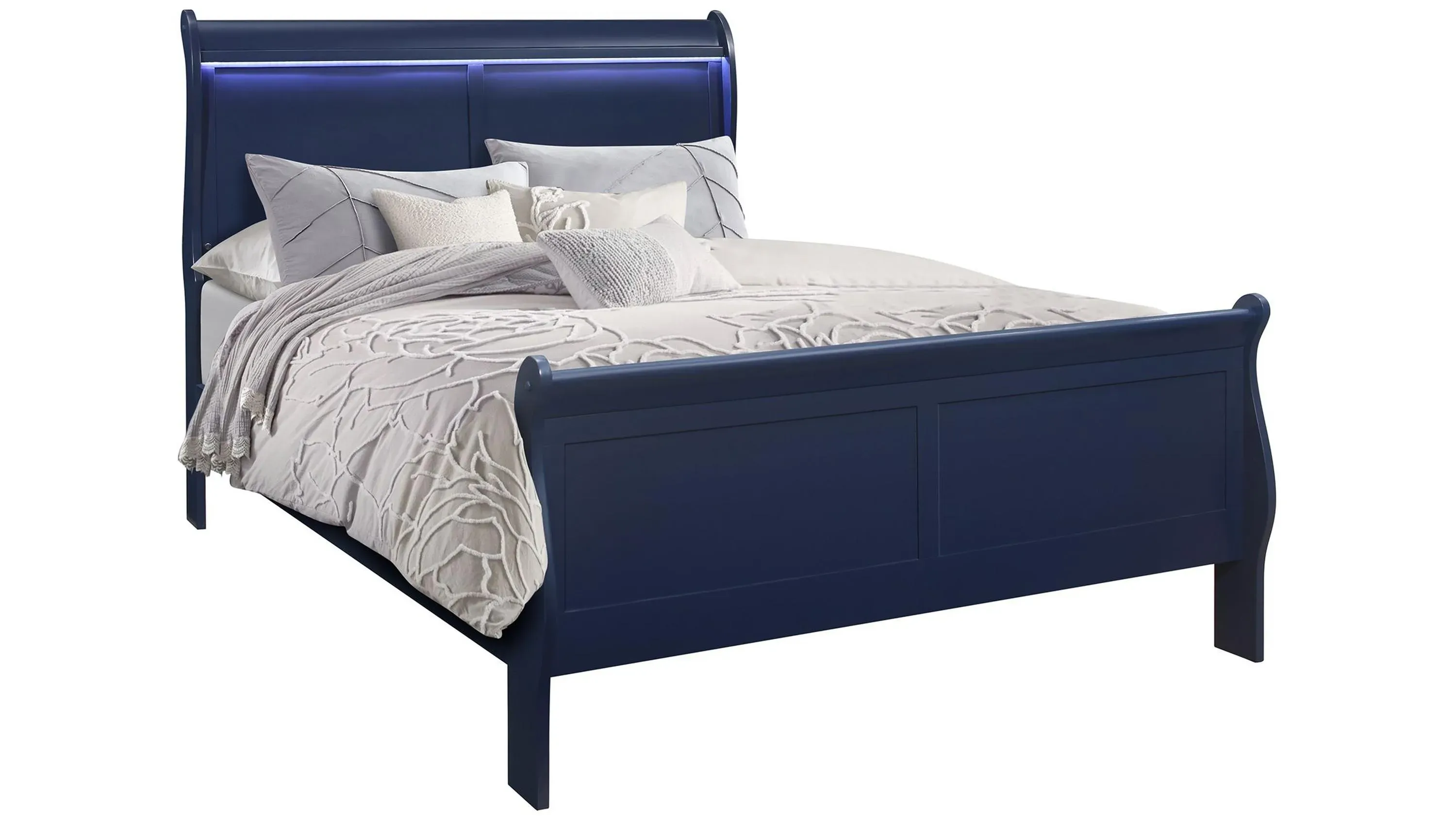 Global Furniture Charlie Blue Bed with LED - Queen, image size:3000x1688