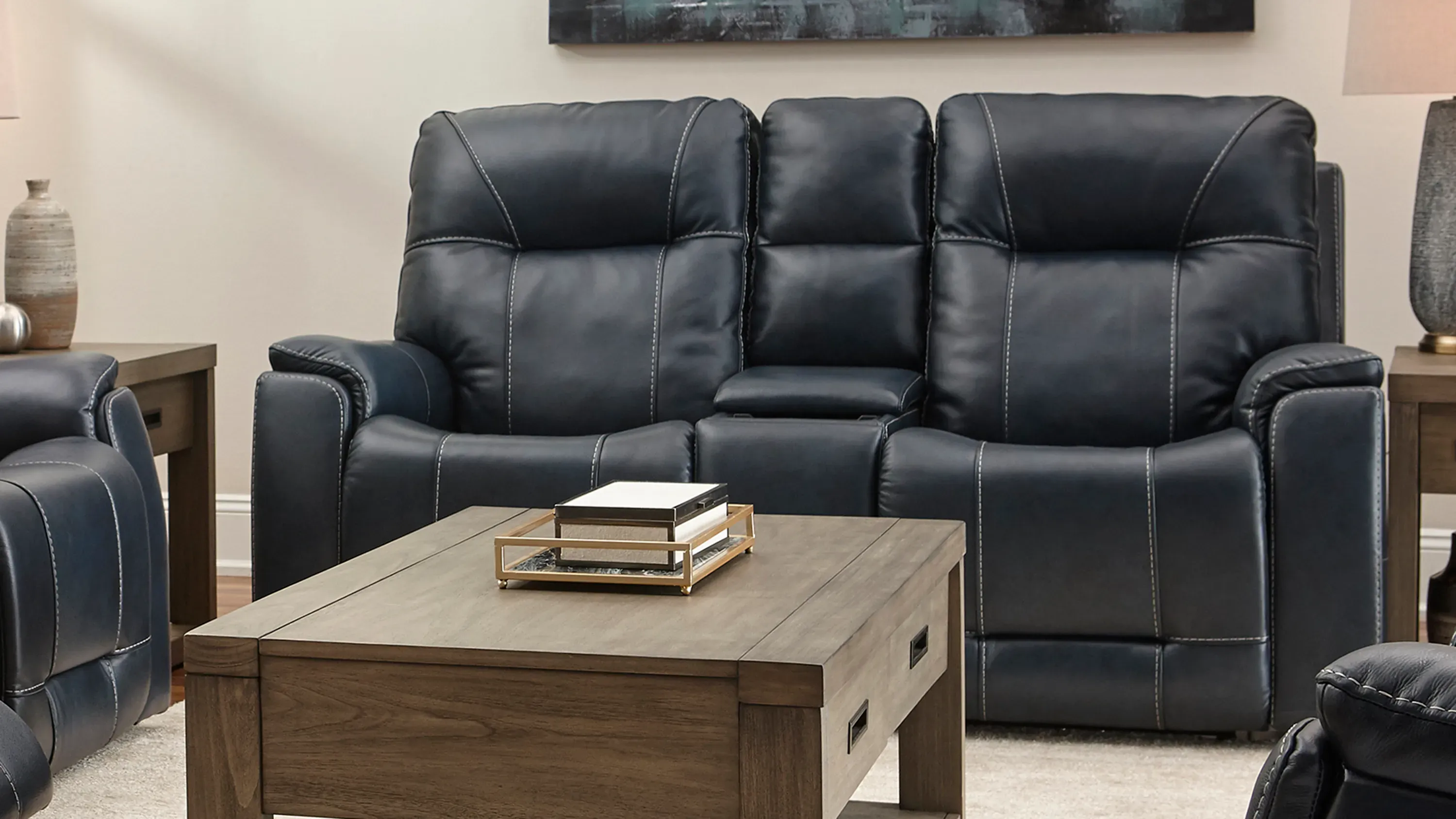Barnett Leather Layflat Power Console Loveseat w/ Power Headrest