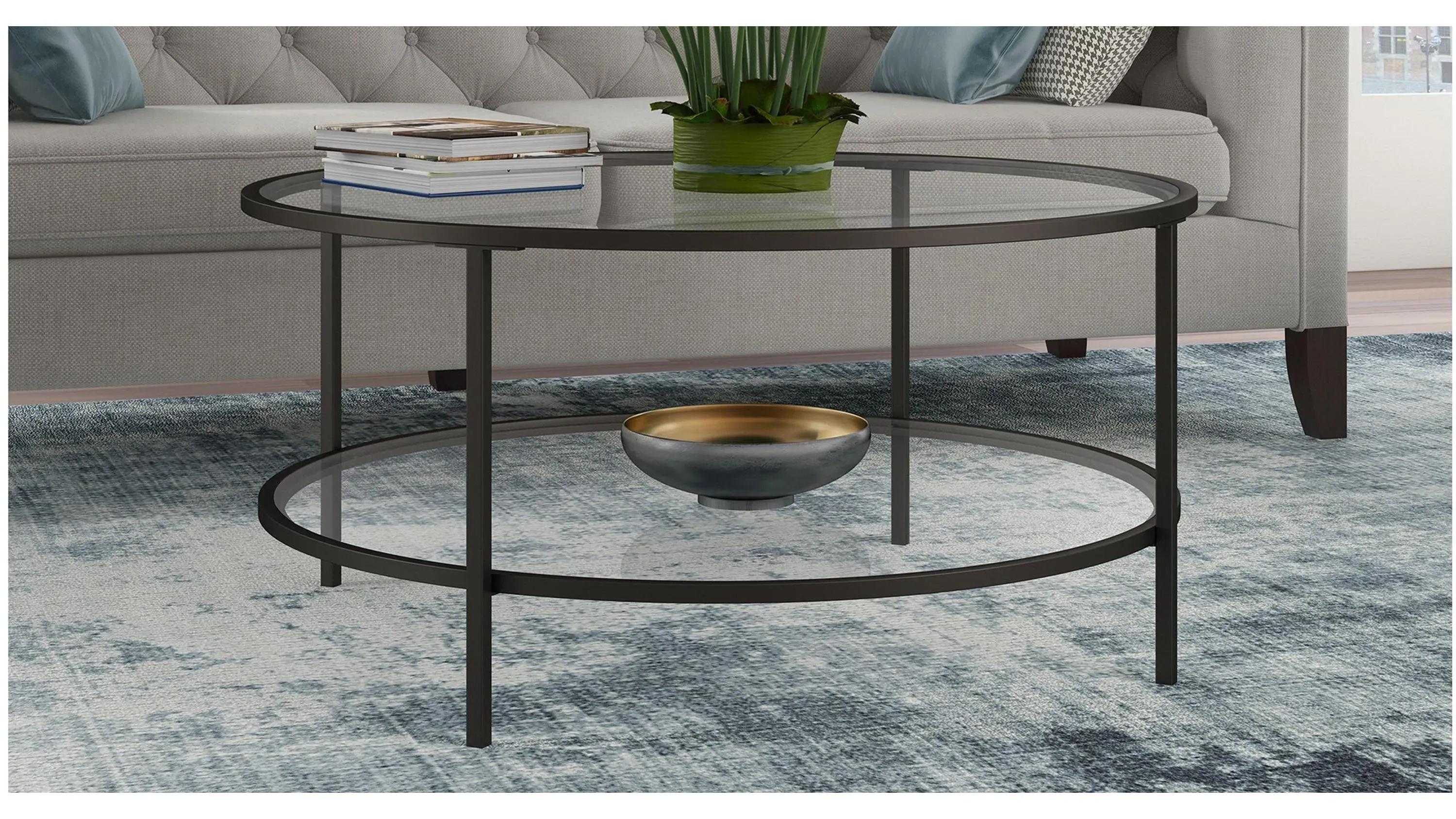 Sivil Blackened Bronze Coffee Table with Glass Shelf, image size:3000x1688